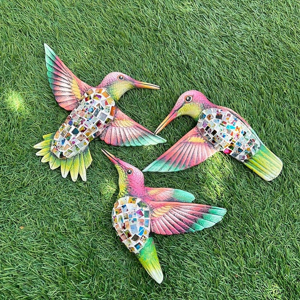 Set of 3 Hand-painted and Glass Mosaic Hummingbirds (Wall Decor)